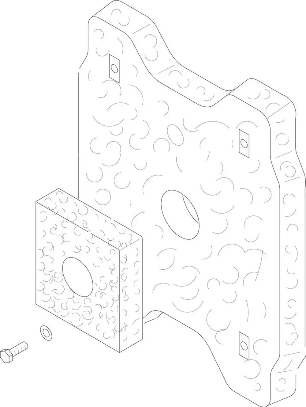 Zeichnung eines Montagebauteils von Bosch, bestehend aus einer flachen, geformten Platte mit Aussparungen und einem kleineren Block, begleitet von einem Schraubenteil und einer Unterlegscheibe.